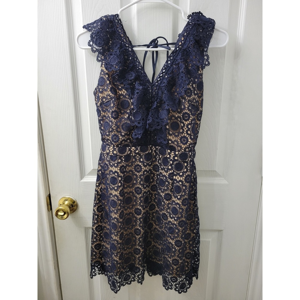 JOA Just One Answer Navy Blue Floral Lace Mini Dress BC7086 Small